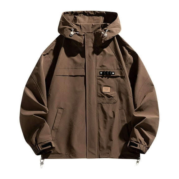 Maoxin Men Jacket Men's Casual Loose Fitting Workwear Long Sleeved Hooded Jacket Long Sleeve Hooded Casual Outwear Jackets Jackets for Men , Coffee , L