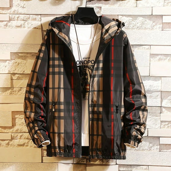 Maoxin Men Jacket Men's Fashion Casual Sports Checkered Long-sleeved Hooded Casual Coat/jacket Jacket Coats , Black , M