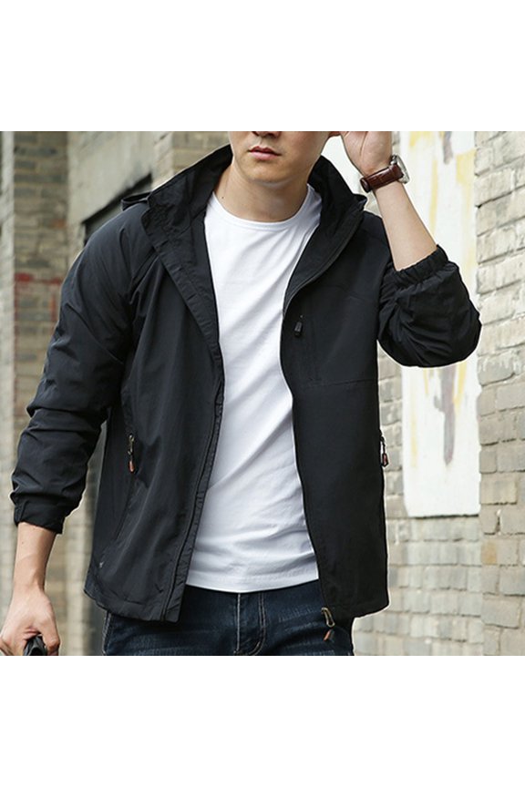 Men Jacket Men's Solid Color Outdoor Water Proofing Pocket Zipper Long Sleeved Detachable Hooded Jacket Jacket Coats , Black , L