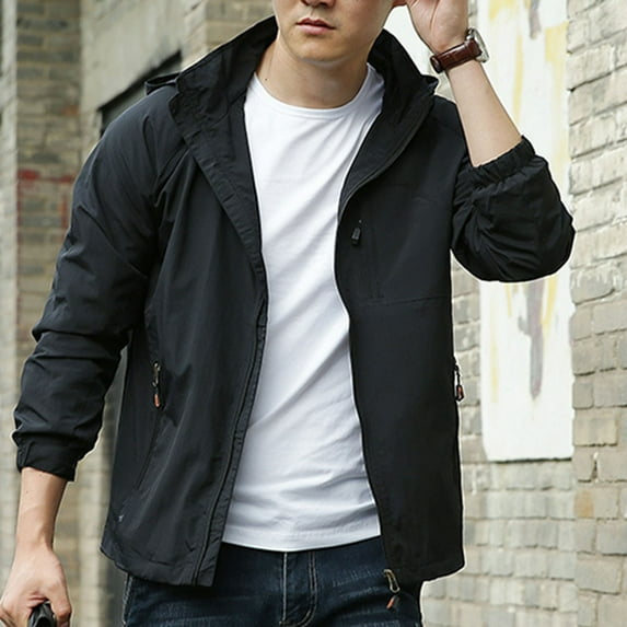 Maoxin Men Jacket Men's Solid Color Outdoor Water Proofing Pocket Zipper Long Sleeved Detachable Hooded Jacket Jackets for Men , Black , 3XL