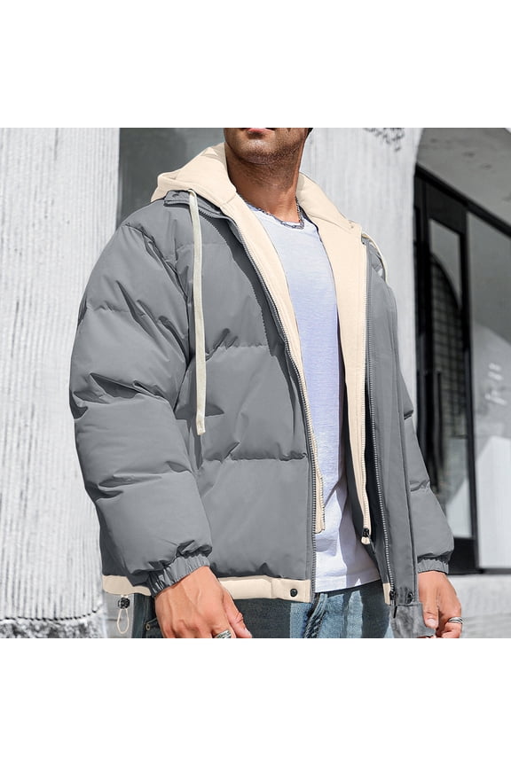Men Jacket Men's Solid Color Thick Dake TwoLayer Windproof Pocket Zipper Hooded Outdoor Jacket Jacket Coats , Dark Gray , M