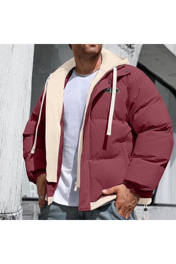 Men Jacket Men's Solid Color Thick Dake TwoLayer Windproof Pocket Zipper Hooded Outdoor Jacket Jacket Coats , Wine , XL