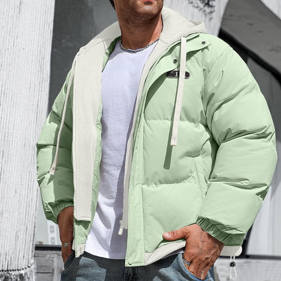 Maoxin Men Jacket Men's Solid Color Thick Dake TwoLayer Windproof Pocket Zipper Hooded Outdoor Jacket Jackets for Men , Green , L
