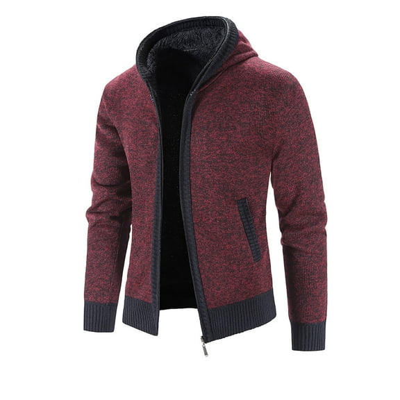 Maoxin Men Jacket Men's Vintage Knit Solid Color Pocket Zipper Long Sleeved Hooded Casual Jacket Jackets for Men , Red , 2XL