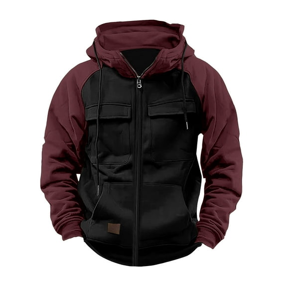 Maoxin Men Jacket Men's Vintage Workwear Color Block Multi Pocket Zipper Long Sleeved Hooded Casual Jacket Jacket Coats , Black , XL