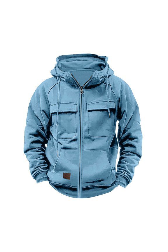 Men Jacket Men's Vintage Workwear Solid Color Multi Pocket Zipper Long Sleeved Hooded Casual Jacket Jacket Coats , Light Blue , S