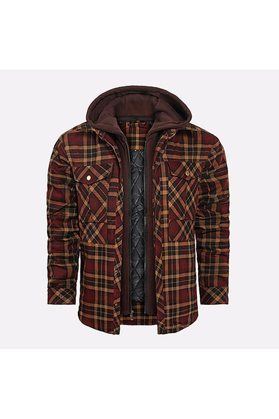 Men Jacket Men's Winter Checkered With Button Pockets And Long Sleeved Hooded Casual Jacket Jacket Coats , Red , M