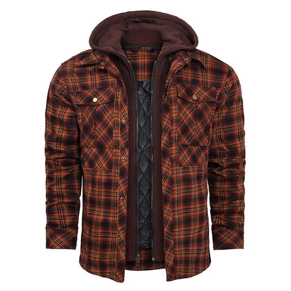 Maoxin Men Jacket Men's Winter Checkered With Button Pockets And Long Sleeved Hooded Casual Jacket Jacket Coats , Wine , L