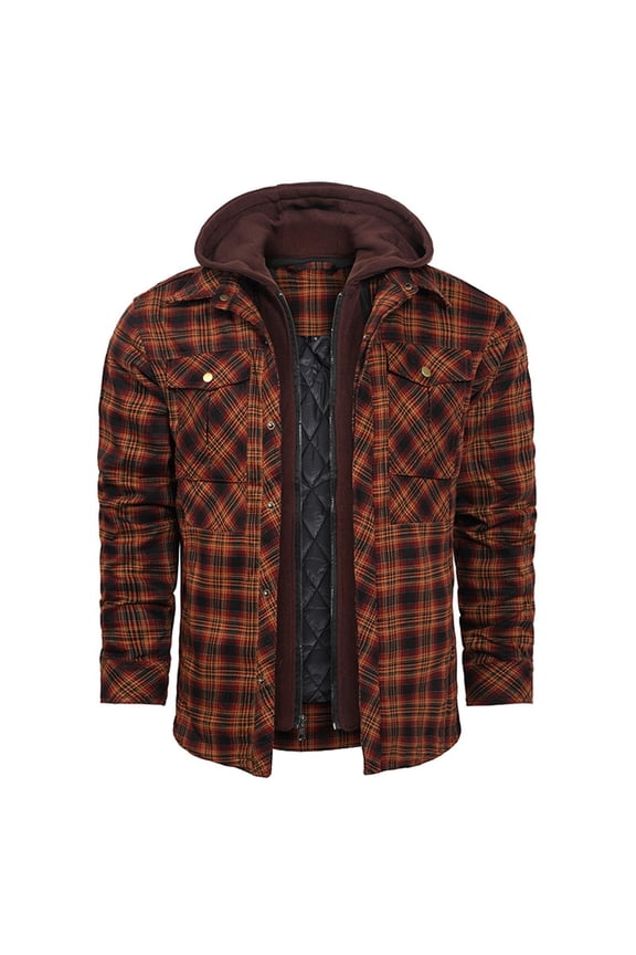 Men Jacket Men's Winter Checkered With Button Pockets And Long Sleeved Hooded Casual Jacket Jacket Coats , Wine , L