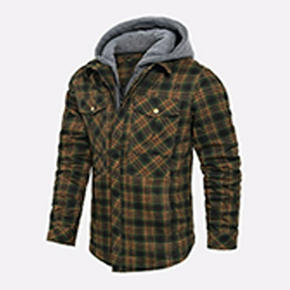 Maoxin Men Jacket Men's Winter Checkered With Button Pockets And Long Sleeved Hooded Casual Jacket Jackets for Men , Army Green , M