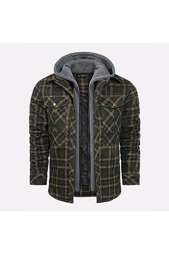 Men Jacket Men's Winter Checkered With Button Pockets And Long Sleeved Hooded Casual Jacket Jackets for Men , Green , S