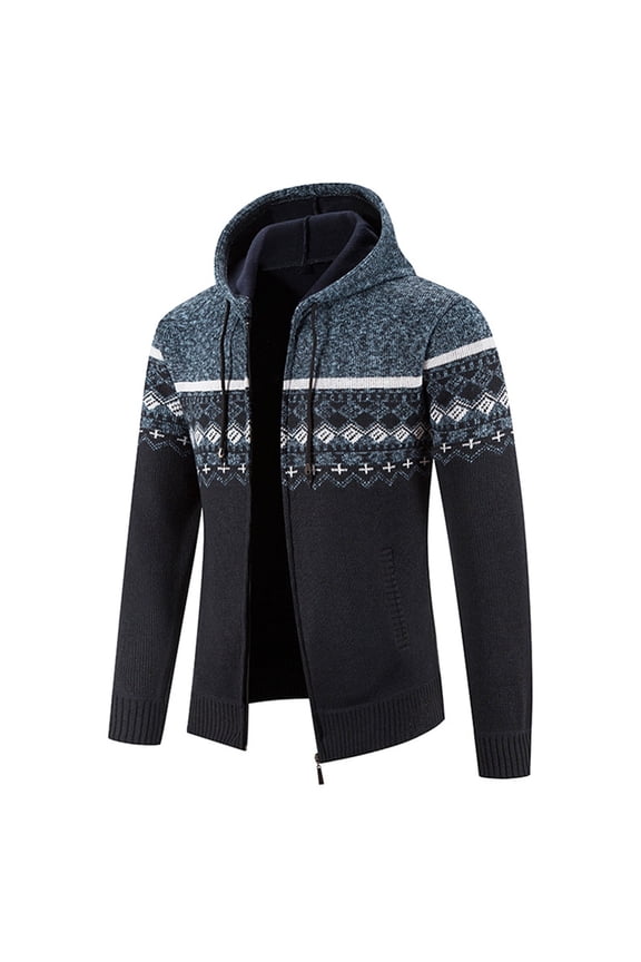 Men Jacket Men's Winter Ethnic Style Printed Zippered Sweater Long Sleeved Hooded Casual Jacket Jacket Coats , Blue , 3XL