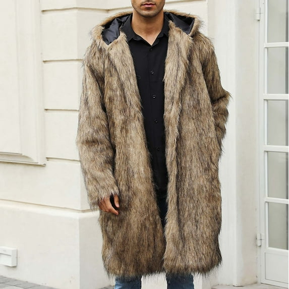 Maoxin Men Jacket Mens Warm Faux Furry Long Coat Jacket Winter Solid-neck Outerwear Jacket Coats , Brown , M