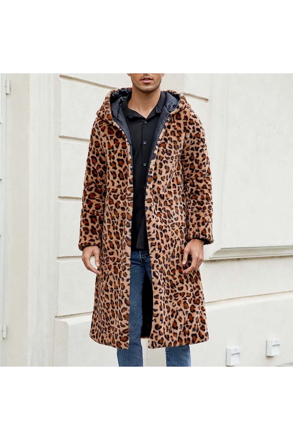 Men Jacket Mens Warm Faux Furry Long Sleeve Long Coat Jacket Winter Leopard V-neck Outerwear Jacket Coats , Brown , XL