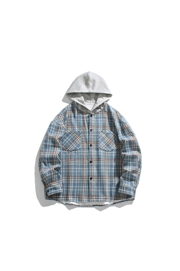 Men Jacket Versatile Hoodie Basic Men's Classic Scottish Plaid Hooded Shirt Long Sleeve Hooded Casual Outwear Jackets Jacket Coats , Blue , L