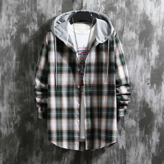 Maoxin Men Jacket Versatile Hoodie Basic Men's Classic Scottish Plaid Hooded Shirt Long Sleeve Hooded Casual Outwear Jackets Jacket Coats , Green , L