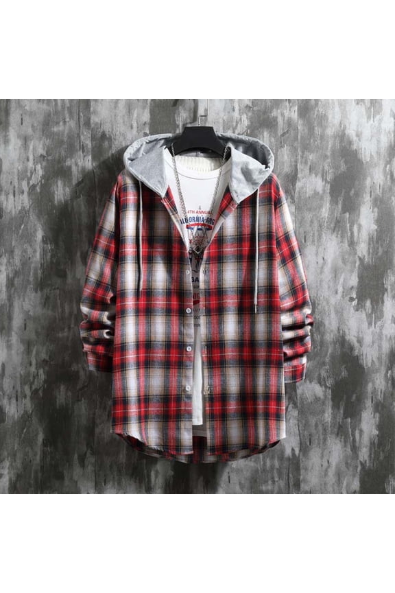 Men Jacket Versatile Hoodie Basic Men's Classic Scottish Plaid Hooded Shirt Long Sleeve Hooded Casual Outwear Jackets Jacket Coats , Red , S