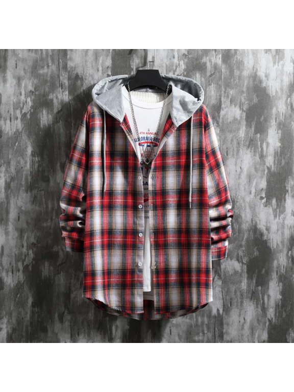 Men Jacket Versatile Hoodie Basic Men's Classic Scottish Plaid Hooded Shirt Long Sleeve Hooded Casual Outwear Jackets Jacket Coats , Red , S