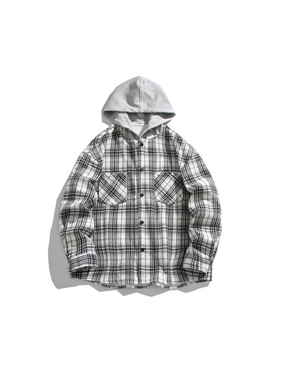 Men Jacket Versatile Hoodie Basic Men's Classic Scottish Plaid Hooded Shirt Long Sleeve Hooded Casual Outwear Jackets Jacket Coats , White , 5XL