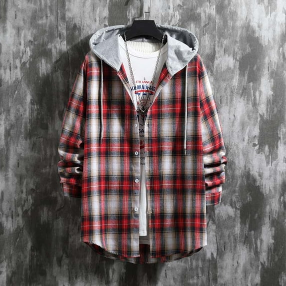 Maoxin Men Jacket Versatile Hoodie Basic Men's Classic Scottish Plaid Hooded Shirt Long Sleeve Hooded Casual Outwear Jackets Jackets for Men , Red , XL