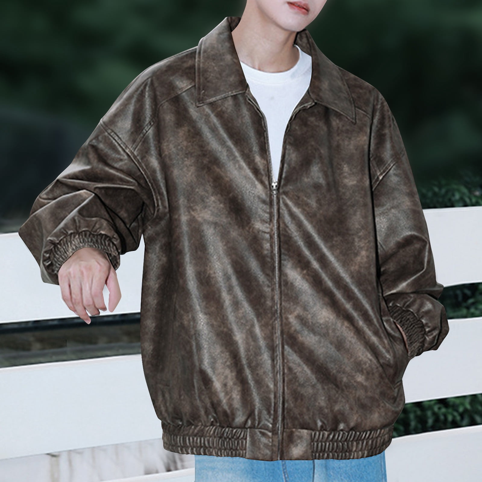Maoxin Men Leather Jacket Fashion Men's Solid Color Long Sleeve