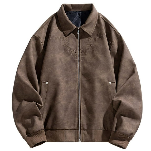 Maoxin Men Leather Jacket Man Embroidery Solid Color Leisure Zipper Pocket Flip Collar Long Sleeves Leather Jackets for men Coffee M