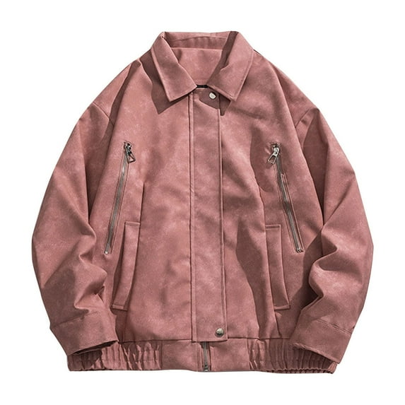 Maoxin Men Leather Jacket Men Solid Color Pocket Zipper Snap Button Flip Collar Leatherwear Leather Clothing Leather Jacket Men Plus Size Pink 3XL