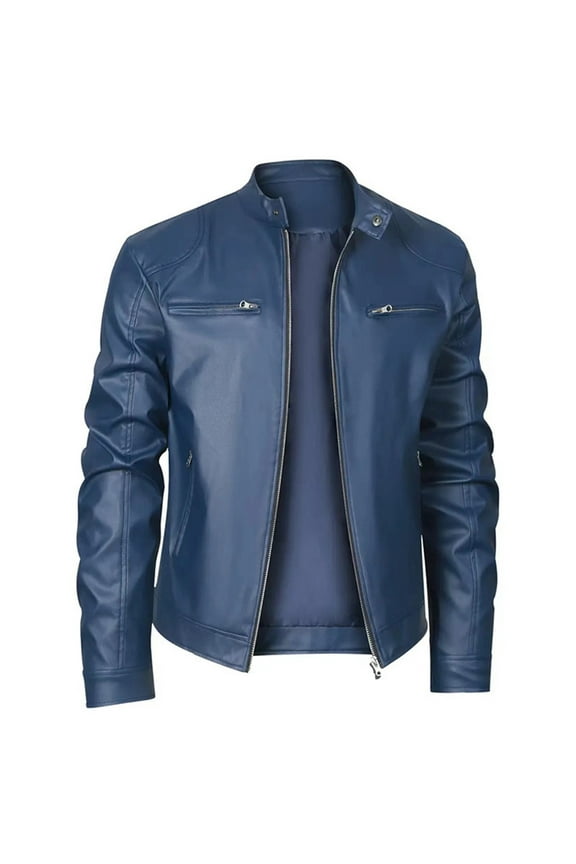 Men Leather Jacket Men Stand Collar Zipper Pocket Solid Color Suit Long Sleeved Hatless Leatherwear Loose Coat Jacket Leather Jacket Men Plus Size Blue 3XL