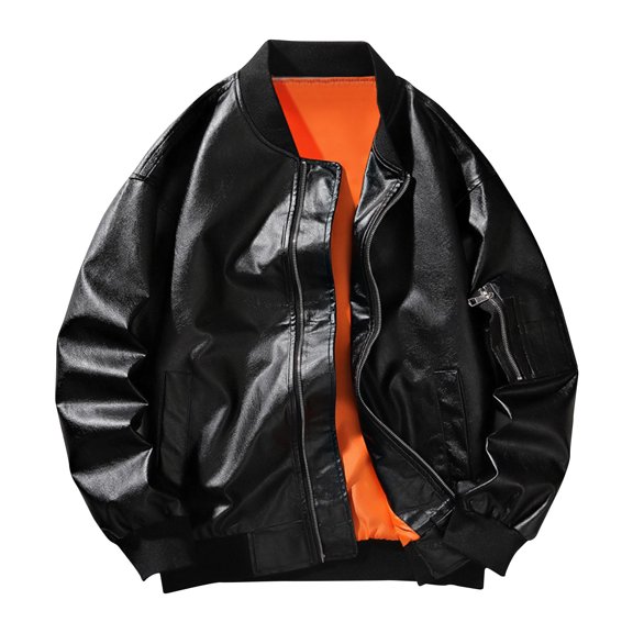Maoxin Men Leather Jacket Men's Dashion Motorcycle Solid Color Zipper Pocket Leather Long Sleeved Hooded Jacket Leather Jackets for Men Black 3XL