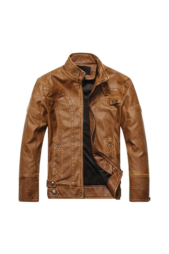 Men Leather Jacket Men's Dashion Motorcycle Solid Color Zipper Pocket Leather Long Sleeved Hooded Jacket Leather Jackets for Men Khaki 2XL