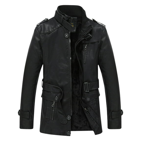 Maoxin Men Leather Jacket Men's Fashion Motorcycle Solid Color Zipper Pocket With Velvet Leather Long Sleeved Hooded Jacket Leather Jacket Men Plus Size Black XL