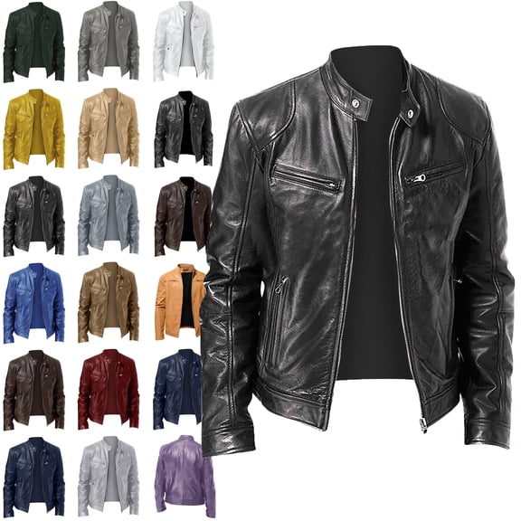 Men Leather Jacket Men's Solid Color Long Sleeved Casual Leather Jacket Long Sleeve Hoodless Faux Leather Outwear Jackets Leather Jacket Plus Size Black 5XL