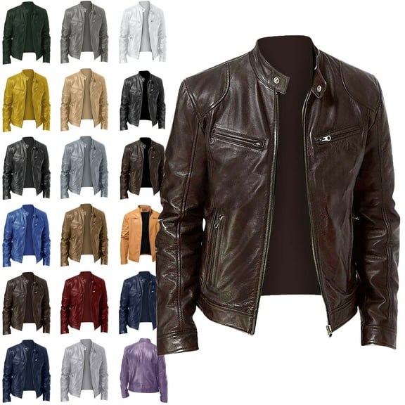 Men Leather Jacket Men's Solid Color Long Sleeved Casual Leather Jacket Long Sleeve Hoodless Faux Leather Outwear Jackets Leather Jacket Plus Size Brown 5XL