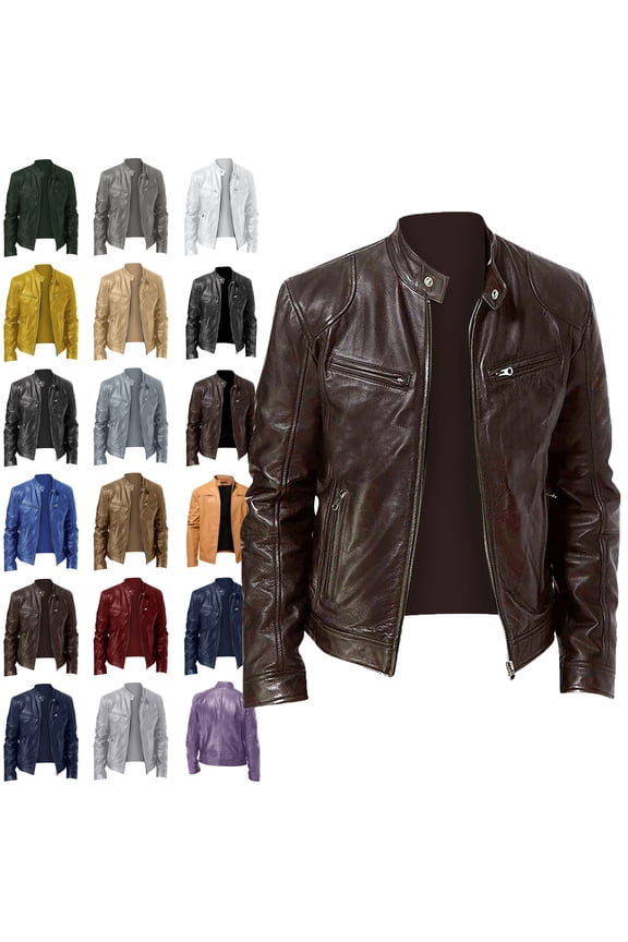 Maoxin Men Leather Jacket Men's Solid Color Long Sleeved Casual Leather Jacket Long Sleeve Hoodless Faux Leather Outwear Jackets for men Brown M