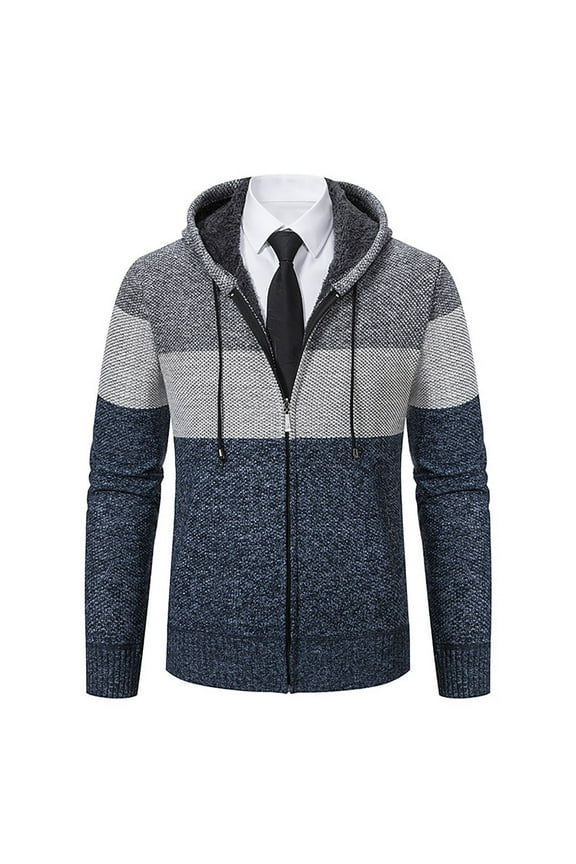 Men's And Winter And Thick Sweater Knitted Sweater Stand Up Collar Cardigan Color Blocking Outerwear Sweater , Blue , 4XL