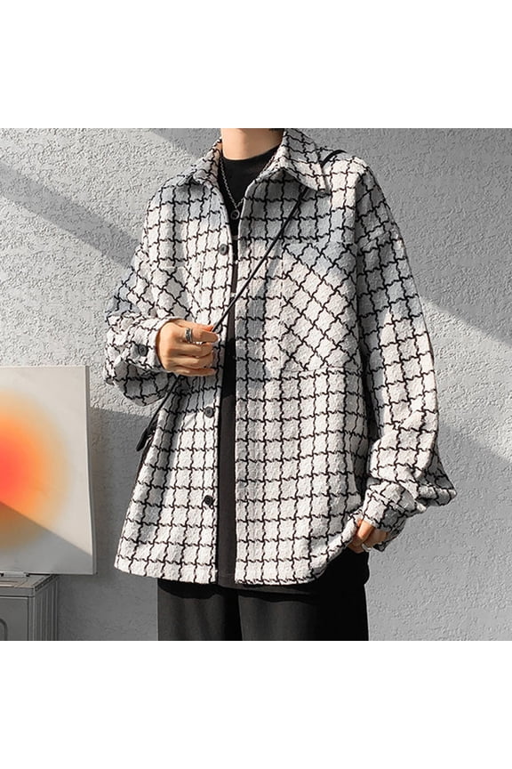 Men's Coats Men's Checkered Printed Button Pocket Long Sleeved Hooded Casual Jacket White 5XL