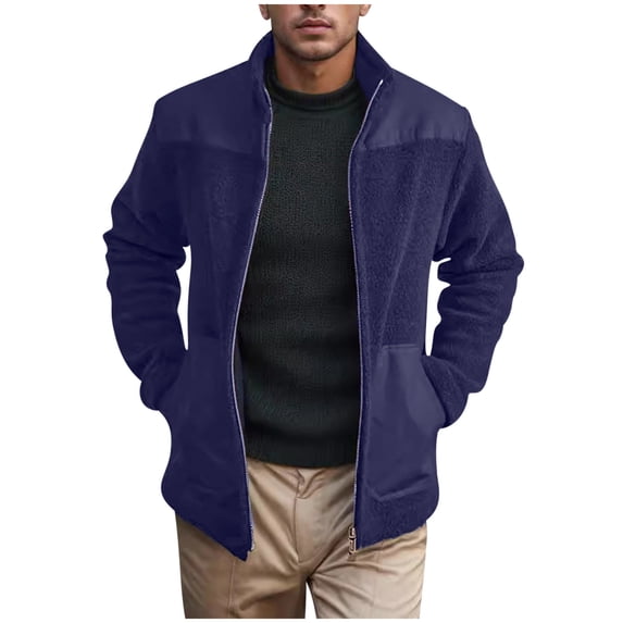 Maoxin Men's Coats Men's Jacket Patchwork Fleece Jacket Stand Collar Jacket Long Sleeve Hoodless Casual Jacket Navy L
