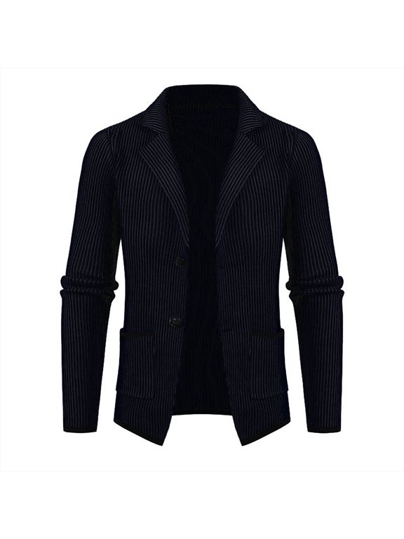 Men's Coats Men's New Vertical Striped Thick Casual Cardigan Lapel Windbreaker Jacket Navy L