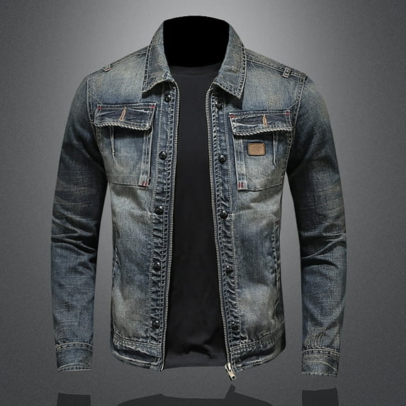 Maoxin Men's Coats Men's Solid Color Button Pocket Slim Fashion Casual Work Denim Jacket Blue XL