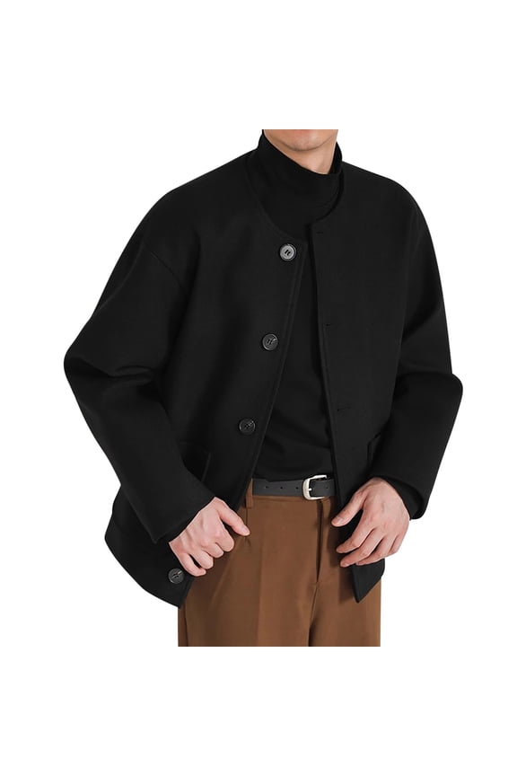 Men's Coats Men's Solid Color Double-sided Casual Jacket Collarless Loose Woolen Jacket Long Sleeved Hooded Casual Jacket/jacket Black 2XL