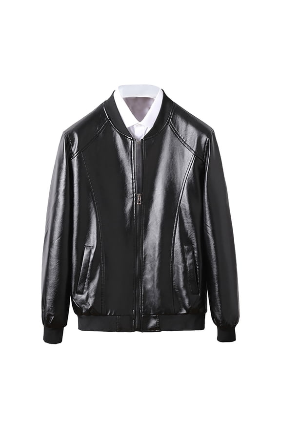 Men's Coats Men's Thin Leather Jacket Round Neck Slim Baseball Collar Leather Jacket Men's Motorcycle Leather Jacket Black S
