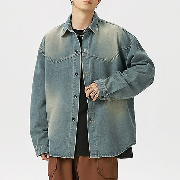 Maoxin Men's Coats Men's Vintage Motorcycle Denim Button Pocket Long Sleeved Casual Jacket Blue 2XL