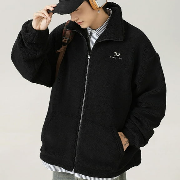 Maoxin Men's Coats Men's Vintage Warm Solid Color Zipper Pocket Long Sleeved Casual Jacket Black L