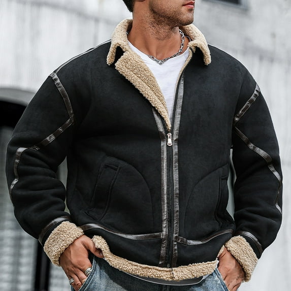 Maoxin Men's Coats Men's Vintage Winter Solid Color Thicken Zippered Pockets Long Sleeved Turndown Collar Casual Jacket Black XL