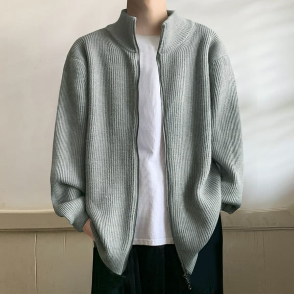 Maoxin Men's Coats and Jackets Fashionable Men's Long Sleeved Casual Solid Color Knitted Sweater Jacket Gray XL