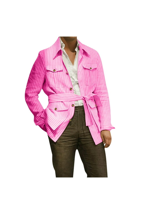 Men's Coats and Jackets Man Long Sleeve Fashion Relaxation Pocket Lapel Top Button Shirt Cardigan Coat Pink S