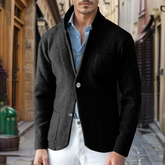 Maoxin Men's Coats and Jackets Men's Fashion Casual Trend Woolen-breasted Solid Color Long-sleeved Hoodless Casual Coat/jacket Black M