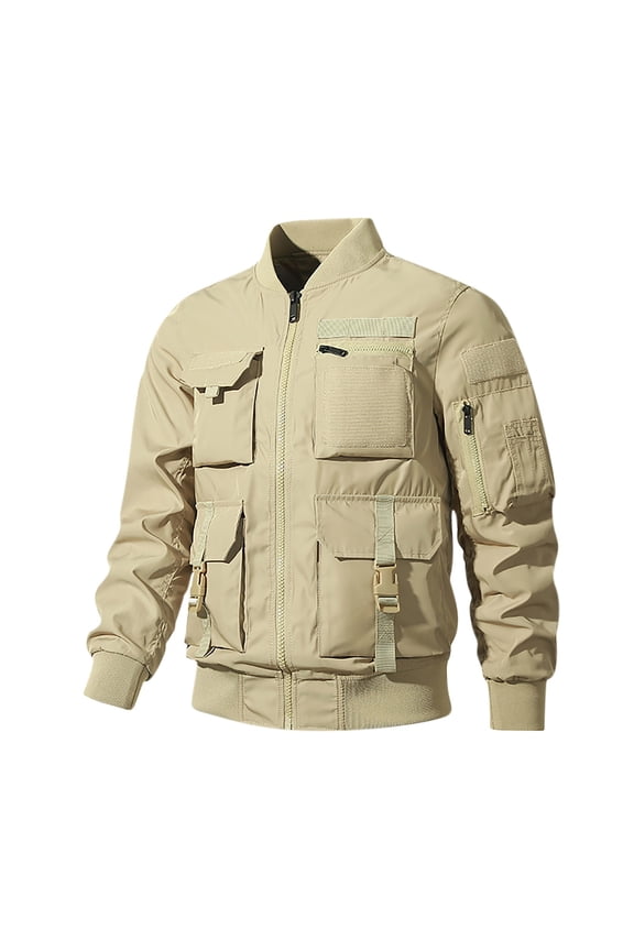 Men's Coats and Jackets Men's Long Sleeved Multi Pocket Workwear Top Long Sleeve Hoodless Casual Outwear Jackets Khaki L