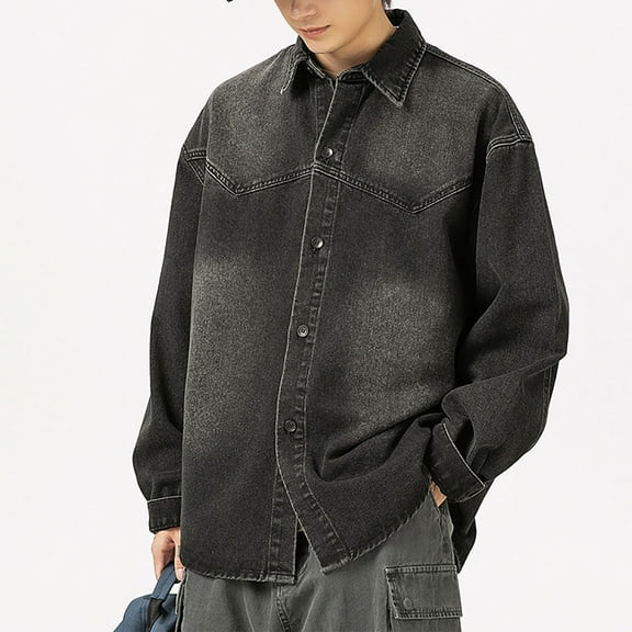 Maoxin Men's Coats and Jackets Men's Vintage Motorcycle Denim Button Pocket Long Sleeved Casual Jacket Black XL
