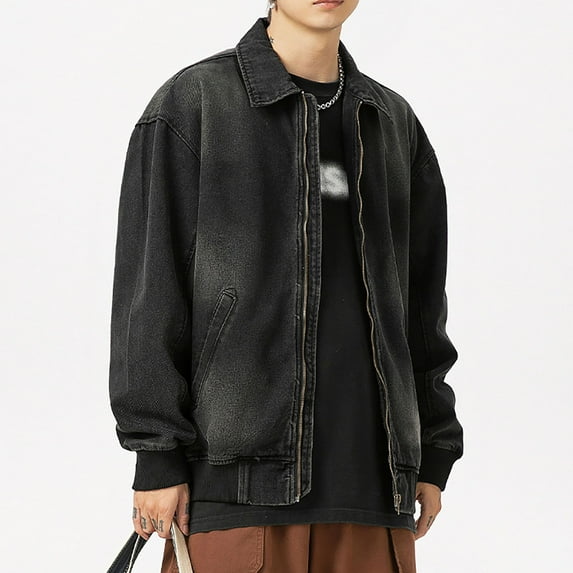 Maoxin Men's Coats and Jackets Men's Vintage Motorcycle Denim Zipper Pocket Long Sleeved Casual Jacket Black M